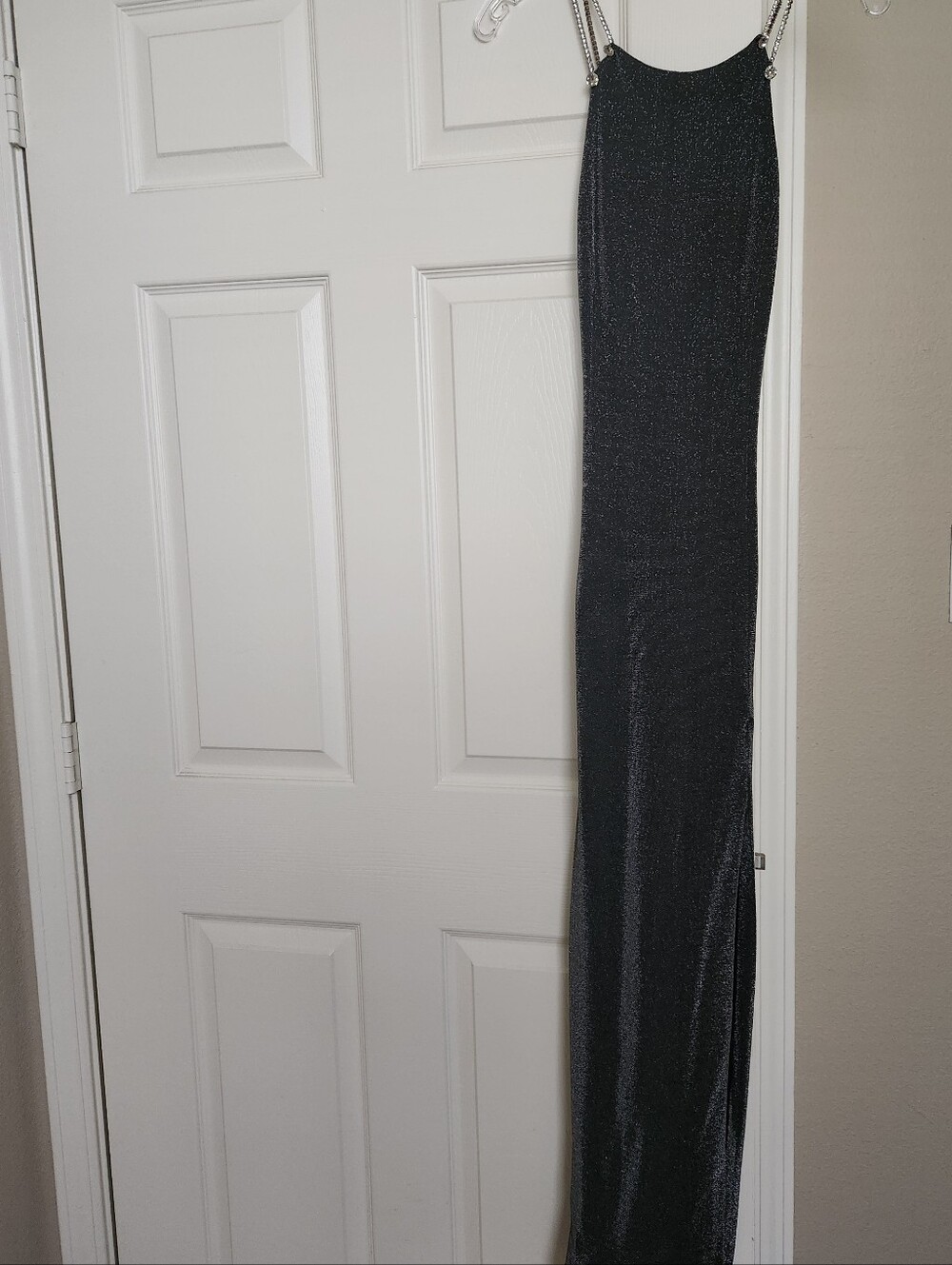 Dave & Johnny Metal Gray Sparkle Maxi Dress with Chain Straps